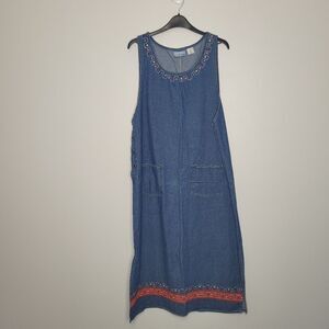 Vintage 90s denim embroidery art teacher quirky button side maxi dress size L